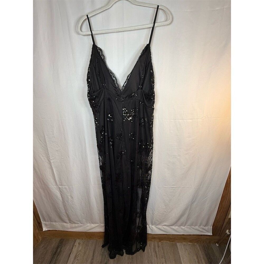 Womens Fashion Nova Formal Jumpsuit 1X Black Sequin Lace Overlay Maxi V-Neck - Picture 11 of 16